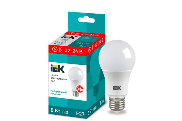 LLE-A60-08-12-24-40-E27 Лампа светодиодная A60 шар 8Вт 12-24В 4000К E27 IEK
